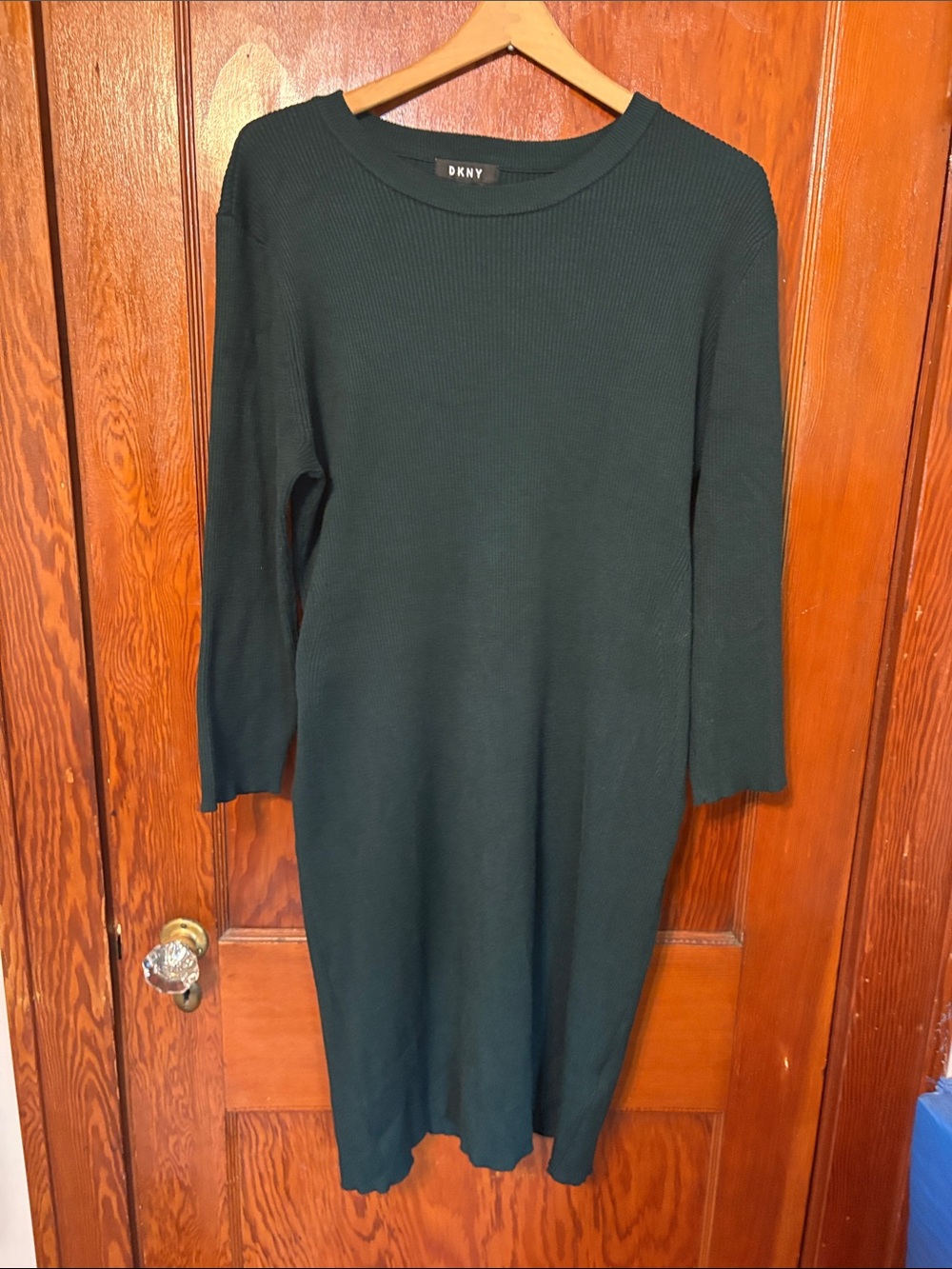 DKNY Dark Green Long Sleeve Ribbed Midi Dress